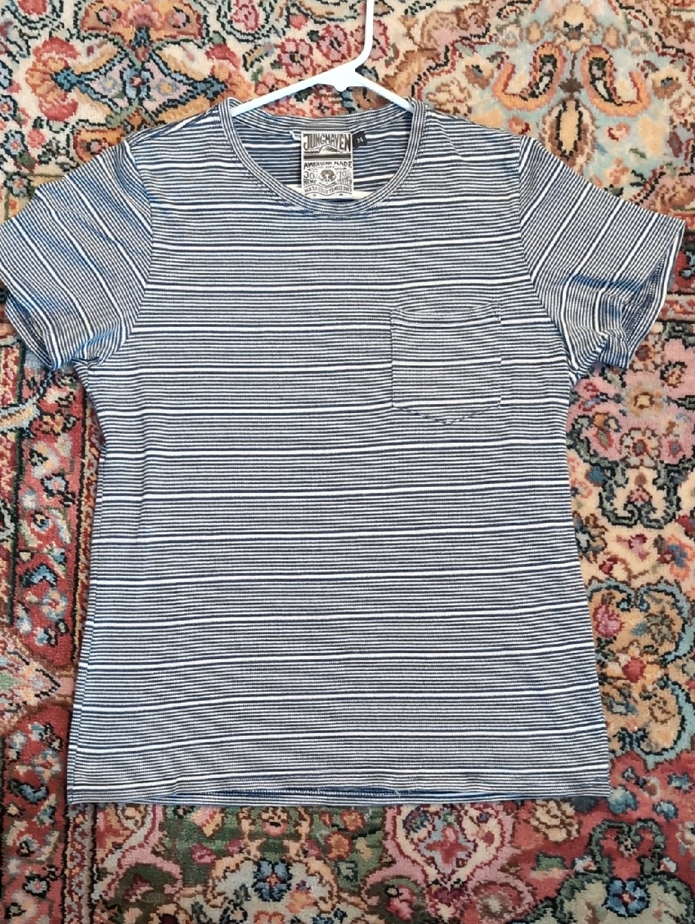 Jungmaven Blue and White Striped Short Sleeve Pocket Tee